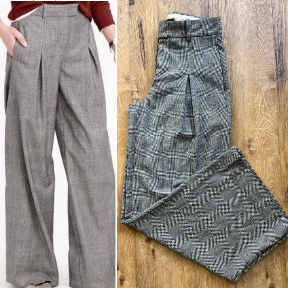 J Crew Wide Leg Wool Blend Trousers Woman’s Size 4P Glen Plaid Check Pleated
